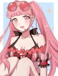  1girl bikini blue_background blunt_bangs blush border collarbone eyewear_on_head fire_emblem fire_emblem:_three_houses fire_emblem_heroes gmais2514 highres hilda_valentine_goneril hilda_valentine_goneril_(summer) long_hair looking_at_viewer mixed-language_commentary official_alternate_costume open_mouth outside_border pink-tinted_eyewear pink_bikini pink_eyes pink_hair round_eyewear simple_background sitting smile solo sunglasses swimsuit tinted_eyewear twintails very_long_hair white_border 