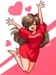  1girl arms_up blush bow brown_hair food hair_bow happy heart highres jumping kuonji_ukyou long_hair no_pants okonomiyaki open_mouth oversized_clothes oversized_shirt ranma_1/2 red_bow red_skirt shirt signature skirt two-tone_background wanta_(futoshi) 