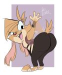 2023 absurd_res anthro bent_over big_butt bigsby_the_bunny bottomwear brown_clothing brown_topwear butt butt_focus butt_slap clothing dated eyelashes female fur hi_res lagomorph leporid long_ears mammal multicolored_body multicolored_fur rabbit scut_tail short_tail signature slap solo tail teeth tongue topwear two_tone_body two_tone_fur vest windspan