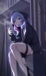  1girl :o absurdres arsene_(57109611) black_footwear black_hoodie blue_hair cigarette drawstring fishnet_thighhighs fishnets foot_out_of_frame foot_up hatsune_miku high_heels highres holding holding_cigarette hood hood_up hoodie long_bangs long_hair looking_at_viewer mask mask_around_neck mouth_mask multicolored_hair night no_pants open_mouth outdoors pink_hair purple_eyes rabbit_hole_(vocaloid) smoke_trail solo surgical_mask thighhighs two-tone_hair vocaloid 