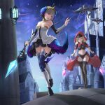  4girls absurdres armor armored_boots armored_dress bare_shoulders black_thighhighs blonde_hair blue_eyes boots breasts castle chain cleavage commentary_request cowboy_shot crown facing_viewer feathered_wings feathers flying full_body grey_hair gwendolyn_(odin_sphere) h_yoruneko head_wings highres holding holding_polearm holding_weapon looking_at_another low_wings multicolored_wings multiple_girls navel night night_sky odin_sphere open_mouth polearm purple_eyes running shadow skirt sky standing star_(sky) starry_sky strapless thighhighs valkyrie veil velvet_(odin_sphere) wall_lamp weapon wings 