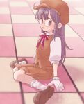  1girl cabbie_hat commentary_request dr._slump glasses gloves hat highres long_hair neck_ribbon norimaki_arale open_mouth purple_eyes purple_hair ribbon round_eyewear shorts sitting socks solo vest yugyouji_tama 