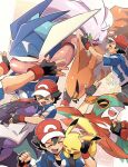  1boy antennae ash_ketchum baseball_cap bird black_pantyhose blue_shirt blue_skin blush closed_eyes colored_skin dragon feathered_wings fewer_digits fins frog goodra greninja harvest88 hat hawlucha head_fins headpat highres long_tongue noivern pantyhose pikachu pokemon pokemon_(anime) pokemon_xy_(anime) reaching reaching_towards_another red_headwear shirt talonflame talons tongue wings 