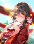  1girl alternate_costume alternate_hairstyle black_hair blue_sky blurry blurry_background brown_eyes cloud commentary_request day dutch_angle floral_print flower hair_flower hair_ornament hairclip haruna_(kancolle) highres japanese_clothes kantai_collection kimono long_hair looking_at_viewer outdoors paper red_kimono sky smile solo torii tsukui_kachou upper_body 