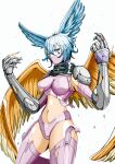  1girl absurdres arm_warmers bikini black_scarf blue_eyes blue_hair blue_nails boots breasts claws commentary_request covered_mouth cowboy_shot digimon digimon_(creature) facial_mark feathered_wings fingernails garter_straps gauntlets hair_between_eyes hair_wings hands_up highres long_fingernails long_hair looking_at_viewer mask medium_breasts mouth_mask navel ninja_mask partial_commentary purple_bikini sawa_d scarf shoulder_pads shutumon sidelocks skindentation solo stomach swimsuit thigh_boots torn_bikini torn_clothes torn_footwear white_background wings 
