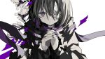  1girl black_nails character_request closed_mouth commentary_request gauze_over_eye grey_hair hair_between_eyes hands_up hen10 interlocked_fingers looking_at_viewer nail_polish own_hands_together purple_eyes purple_scarf scarf simple_background solo upper_body utau white_background 