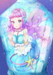  1girl absurdres air_bubble blue_eyes blue_shirt blunt_bangs bracelet bubble commentary frilled_shirt frills highres jewelry laura_la_mer long_hair looking_at_viewer mermaid monster_girl navel necklace open_mouth pearl_hair_ornament pearl_necklace pink_hair precure shirt shuu_(mniarnoakou) sleeveless sleeveless_shirt solo tropical-rouge!_precure twitter_username underwater 