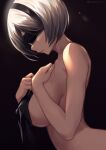  1girl absurdres blindfold breasts closed_mouth completely_nude covered_eyes dark_background hands_on_own_chest highres holding large_breasts light mole mole_under_mouth nier_(series) nier_automata nude profile queasy_s short_hair sideboob silver_hair solo upper_body yorha_no._2_type_b 