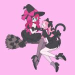  2girls animal_ears ayase_naru black_bow black_dress black_footwear black_gloves black_headwear black_panties black_pantyhose bow breasts broom broom_riding cat_ears cat_tail cleavage dress full_body gloves green_eyes hair_bow halloween hand_on_another&#039;s_chin hat high_heels highres long_hair looking_at_another multiple_girls nyaasechan open_mouth panties pantyhose pink_background pink_hair pink_ribbon pretty_rhythm pretty_rhythm_rainbow_live pretty_series renjouji_beru ribbon short_dress simple_background sitting small_breasts smile tail underwear witch_hat 