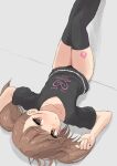  1girl absurdres black_legwear black_panties black_shirt brown_eyes brown_hair child highres leg_tattoo looking_at_viewer lying on_back original panties renga_(yakihebi) shirt short_hair short_sleeves solo tattoo thighhighs twintails underwear yakihebi 