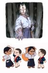  2boys absurdres animal_ears black_hair blue_pants brown_eyes brown_hair buzz_cut chengongzi123 chibi clothing_request covering_own_ears dark-skinned_male dark_skin forest fox_boy fox_ears fox_mask fox_tail golden_kamuy green_eyes hakama hakama_pants highres hip_vent japanese_clothes katana kemonomimi_mode koito_otonoshin long_sleeves looking_at_another male_focus mask mask_on_head multiple_boys multiple_views nature outdoors pants reaching reaching_towards_viewer sheath sheathed short_hair simple_background standing standing_on_one_leg sword tail tree tsukishima_hajime very_short_hair weapon white_background wide_sleeves 