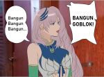  1girl clothing_cutout feathers grey_hair hair_ornament hololive hololive_indonesia indonesia indonesian_text jewelry long_hair meme pavolia_reine pavolia_reine_(1st_costume) scene_reference stomach_cutout virtual_youtuber 