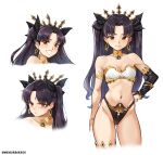  1girl absurdres armlet artist_name asymmetrical_sleeves bare_shoulders black_hair blush bow breasts cleavage collarbone cropped_legs earrings fate/grand_order fate_(series) hand_on_own_hip highres ishtar_(fate) jewelry long_hair looking_at_viewer mr.thunderigor multiple_views navel red_eyes simple_background smile standing white_background 