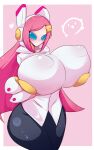 absurd_res areola_outline big_breasts blue_eyes blush blush_lines bottomwear breasts clothing electronics female hair headgear headphones headset heart_symbol hi_res holding_breast huge_breasts humanoid kirby_(series) long_hair looking_at_viewer machine mouthless nintendo nipple_outline not_furry pants pink_hair robot robot_humanoid shadow shirt simple_background skeletons62 solo standing susie_(kirby) thick_thighs topwear wide_hips