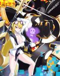  1girl absurdres alphamon artist_name black_panties black_scarf blonde_hair breasts cleavage clenched_hand coffee_cup collarbone cup digimon digimon_story:_cyber_sleuth disposable_cup eyewear_on_head forehead_jewel glint halberd highres holding holding_polearm holding_weapon knight kuremi_kyouko long_hair mecha medium_breasts open_clothes open_shirt panties poison polearm red_eyes robot scarf skull sunglasses supermondobeat unbuttoned unbuttoned_shirt underwear weapon 