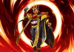  1boy alchemisdriver alchemist armor black_armor black_hole cape driver_(kamen_rider) gem glowing gold_armor gold_trim highres jewelry kamen_rider kamen_rider_gotchard_(series) kamen_rider_wind male_focus open_hand otokamu pauldrons red_eyes red_gemstone rider_belt ring shoulder_armor tokusatsu 