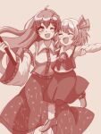  2girls antennae black_vest frog_hair_ornament gohei hair_ornament hair_ribbon hair_tubes kochiya_sanae long_hair lowres monochrome multiple_girls necoyngwie nontraditional_miko open_mouth outstretched_arms ribbon rumia short_hair simple_background smile snake snake_hair_ornament spread_arms touhou vest 