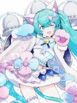  1girl adapted_costume agonasubi animal_ear_fluff animal_ears animal_hands aqua_hair bell candy candy_cane cat_ears commentary_request food gloves green_eyes hatsune_miku highres long_hair long_sleeves looking_at_viewer magical_mirai_(vocaloid) magical_mirai_miku magical_mirai_miku_(2020_winter) neck_bell one_eye_closed open_mouth paw_gloves simple_background single_thighhigh smile solo tail thighhighs very_long_hair vocaloid white_background wide_sleeves 