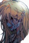  1girl blonde_hair blood blood_in_hair blood_on_face commentary_request dilated_pupils fangs highres long_hair naotin3333 open_mouth original pointy_ears portrait simple_background solo white_background 