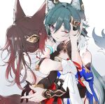  2girls animal_ears bare_shoulders blush bracelet brown_hair cleavage_cutout closed_mouth clothing_cutout detached_sleeves embroidery eyeshadow facing_another fox_ears fox_girl fox_tail fud green_bracelet green_hair hair_between_eyes hair_ornament highres holding_another&#039;s_head honkai:_star_rail honkai_(series) hug jewelry long_hair makeup multiple_girls one_eye_closed ponytail purple_eyes red_eyeshadow red_ribbon ribbon sidelocks strap tail tingyun_(honkai:_star_rail) white_background yukong_(honkai:_star_rail) 