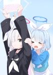  &gt;_&lt; 2girls absurdres arona_(blue_archive) black_choker black_coat black_eyes black_hairband black_sailor_collar black_serafuku blue_archive blue_hair blue_halo blush braid choker closed_mouth coat colored_inner_hair feza_chen_(ushaku) grey_hair hair_over_one_eye hairband halo highres long_hair long_sleeves multicolored_hair multiple_girls neckerchief open_clothes open_coat open_mouth pink_hair plana_(blue_archive) pleated_skirt red_halo sailor_collar school_uniform serafuku single_braid skirt white_choker white_neckerchief white_sailor_collar white_skirt 