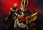  1boy absurdres alchemisdriver alchemist armor black_armor cape driver_(kamen_rider) gem glowing gold_armor gold_trim highres jewelry kamen_rider kamen_rider_gotchard_(series) kamen_rider_wind male_focus miyabi_(037) open_hand red_eyes red_gemstone rider_belt ring tokusatsu 