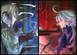  2girls ahoge arlecchino_(genshin_impact) blue_eyes blue_hair blue_jacket cesar_zebrah cup from_side furina_(genshin_impact) genshin_impact grey_hair grey_jacket gun highres holding holding_cup indoors jacket long_hair multicolored_hair multiple_girls no_headwear profile sitting streaked_hair teacup thigh_strap thighs upper_body very_long_hair weapon white_hair 