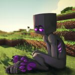  anthro black_body black_claws claws deuzion enderman endertwinks hi_res male markings microsoft minecraft mojang pawpads purple_eyes purple_markings purple_pawpads sitting solo video_games xbox_game_studios 