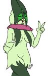 female fur generation_9_pokemon gesture hair hand_gesture meowscarada nintendo pokemon pokemon_(species) savo simple_background smile solo tail v_sign