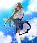  1girl aged_down blonde_hair blue_eyes blue_skirt blue_sky cloud commentary_request feathers hands_on_own_chest hellsing highres integra_hellsing long_hair looking_at_viewer medium_skirt skirt sky solo toshimichi_yukari 