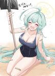  1girl absurdres abydos_high_school_swimsuit ahoge bandaid bare_arms bare_legs bare_shoulders barefoot black_one-piece_swimsuit blue_archive blush breasts cleavage closed_eyes collarbone green_hair hair_between_eyes halo hasarang highres holding holding_shovel huge_ahoge large_breasts long_hair one-piece_swimsuit open_mouth school_swimsuit shovel solo swimsuit yellow_halo yume_(blue_archive) 