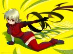 1girl artist_name blonde_hair boots breasts commentary_request copyright_name fang full_body gloves hellsing highres medium_breasts miniskirt outstretched_arm red_eyes red_gloves red_skirt red_thighhighs seras_victoria sitting skirt solo thighhighs toshimichi_yukari web_address yellow_background yokozuwari zettai_ryouiki 