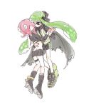 2girls agent_3_(splatoon) agent_8_(splatoon) bike_shorts black_eyes black_footwear black_skirt boots butt_crack cape green_hair grey_cape headgear high-visibility_vest high_heel_boots high_heels holding_hands inkling inkling_girl inkling_player_character long_hair medium_hair miniskirt multiple_girls octoling_girl octoling_player_character pink_hair shoes simple_background single_bare_shoulder single_sleeve skirt splatoon_(series) splatoon_2 splatoon_2:_octo_expansion suction_cups tentacle_hair thenintlichen96 thigh_strap torn_cape torn_clothes very_long_hair white_background 