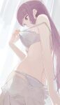  1girl blunt_bangs bra breasts clothes_pull fern_(sousou_no_frieren) highres hiroki_(yyqw7151) long_hair medium_breasts panties purple_eyes purple_hair skirt skirt_pull solo sousou_no_frieren underwear white_bra white_panties white_skirt 