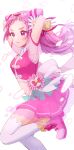  1girl absurdres arms_behind_head arms_up back_bow boots bow closed_mouth commentary cone_hair_bun cropped_shirt cure_yell cut_bangs double_bun flower frown hair_bun hair_flower hair_ornament heart heart_hair_ornament highres hugtto!_precure light_particles long_hair looking_to_the_side magical_girl midriff miniskirt navel nono_hana pink_eyes pink_footwear pink_hair pink_shirt pink_skirt pleated_skirt pouch precure scrunchie see-through see-through_sleeves shirt short_sleeves shuu_(mniarnoakou) skirt solo standing standing_on_one_leg thighhighs twitter_username white_bow white_thighhighs wind wrist_scrunchie yellow_scrunchie 