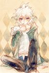  1boy argyle_background black_pants collarbone danganronpa_(series) danganronpa_2:_goodbye_despair diamond_(shape) green_jacket grey_eyes grey_hair hair_between_eyes hood hoodie jacket komaeda_nagito long_sleeves looking_at_viewer male_focus medium_hair messy_hair open_clothes painting_(medium) pants rei_(456789io) shirt sitting solo traditional_media watercolor_(medium) white_hair white_shirt 