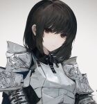  1girl :| armor arms_at_sides black_hair breastplate closed_mouth expressionless hair_between_eyes highres long_bangs long_hair looking_at_viewer mole mole_under_eye original pauldrons portrait red_eyes shoulder_armor sidelocks simple_background solo tuda6 white_background 