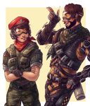  1boy 1girl alibi_(rainbow_six_siege) ammunition apex_legends artist_name belt beret black_belt black_gloves black_vest bodysuit border brown_hair checkered_clothes checkered_scarf crossed_arms crossover earpiece english_commentary facial_hair finger_gun fingerless_gloves french_flag gloves goatee goggles green_scarf grey_gloves hat looking_down looking_to_the_side mirage_(apex_legends) nina_liu open_mouth orange_bodysuit outside_border parted_lips radio_antenna rainbow_six_siege red_headwear scarf short_hair simple_background smile vest white_border yellow_background 