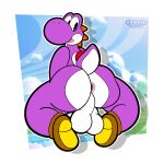 absurd_res anthro anus backsack balls big_balls big_butt butt clothing dinosaur footwear footwear_only genitals hi_res kneeling looking_back male mario_bros mostly_nude nintendo open_mouth pink_anus purple_body purple_scales purple_yoshi raised_tail reptile scales scalie shoes shoes_only solo super_mario_bros_wonder tail thick_thighs veggieafterdark white_body white_scales wide_hips yoshi yoshi_(character)