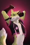 anthro arm_tuft arms_bent biped black_clothing black_eyebrows black_nose black_topwear canid canine cheek_tuft chest_tuft claws clothing crop_top digital_media_(artwork) dipstick_tail elbow_tuft eyebrows facial_tuft fangs fox front_view fur girly gloves gorsha_pendragon gradient_background green_body green_fur green_tail grey_eyes hand_behind_head handwear hi_res looking_at_viewer male mammal markings midriff navel neck_tuft one_eye_closed raised_hand red_background red_clothing red_gloves red_handwear shirt simple_background smile solo standing tail tail_markings teeth topwear tuft whiskers white_body white_claws white_fur white_tail white_whiskers wink winking_at_viewer