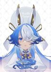  1girl animal_ears artist_name azur_lane blue_eyes blue_hair character_name dress fake_animal_ears hair_over_one_eye highres komo378 long_hair looking_at_viewer maille-breze_(azur_lane) mechanical_ears multicolored_hair puffy_sleeves simple_background solo two-tone_hair upper_body white_dress white_hair 