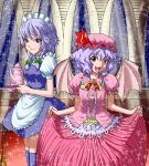  2girls apron bat_wings blue_eyes blue_thighhighs bow braid breasts commentary_request cup fang green_bow hair_bow hat holding holding_cup holding_teapot izayoi_sakuya low_twin_braids maid maid_headdress medium_breasts medium_hair mob_cap multiple_girls open_mouth pink_skirt puffy_short_sleeves puffy_sleeves purple_hair red_eyes remilia_scarlet short_sleeves skirt skirt_hold smile sparkle teacup teapot thighhighs touhou twin_braids unpopin waist_apron wings 