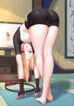  1girl aqua_eyes ass bare_legs barefoot bent_over bike_shorts blonde_hair blush boku_no_edamame chest_sarashi embarrassed exercise fingerless_gloves full_body gloves green_eyes hololive indoors joy-con kazama_iroha legs long_hair looking_at_viewer nintendo_switch open_mouth revision ring-con ring_fit_adventure sarashi solo stretch sweat television thighs virtual_youtuber yoga_mat 