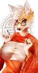 anthro asian_clothing canid canine clothing east_asian_clothing eyewear fox glasses hair hi_res intersex ivka japanese_clothing kimono lordwhiskey mammal simple_background solo white_background white_hair yukata