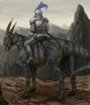  1other ambiguous_gender ame_sagari armor bag brown_bag brown_horns cliff cloud cloudy_sky commentary day dragon dragon_horn dragon_tail from_behind full_armor full_body green_scales green_tail helm helmet holding holding_reins horns horse horseback_riding knight mountain original other_focus outdoors reins riding shoulder_bag sky solo tail 