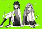  2girls aandra_art artist_name bike_shorts bike_shorts_under_skirt blunt_bangs blunt_ends breasts collared_shirt commentary_request english_commentary glasses green_background greyscale_with_colored_background holding_hands kininatteru_hito_ga_otoko_ja_nakatta knees_up koga_mitsuki long_hair looking_at_another mixed-language_commentary mole mole_under_eye multiple_girls oosawa_aya pleated_skirt shirt short_sleeves sitting skirt small_breasts smile socks spanish_commentary sparkle sweater sweater_vest 
