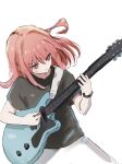  1girl absurdres black_shirt blush bocchi_the_rock! closed_mouth commentary_request cowboy_shot electric_guitar guitar highres instrument kita_ikuyo long_hair music playing_instrument red_hair shirt simple_background solo standing t-shirt ukitaryu white_background yellow_eyes 