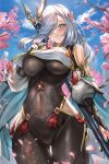  1girl blue_eyes breasts cherry_blossoms cowboy_shot genshin_impact grey_hair hair_ornament hair_over_one_eye highres large_breasts long_hair looking_at_viewer one_eye_covered outdoors parted_lips qian_wu_atai shenhe_(genshin_impact) thigh_gap 