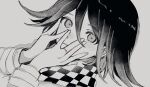  1boy blood closed_mouth danganronpa_(series) danganronpa_v3:_killing_harmony expressionless flipped_hair grey_background greyscale hair_between_eyes hands_on_own_face injury looking_at_viewer male_focus moi03_moi08 monochrome oma_kokichi pink_blood portrait ringed_eyes short_hair sketch solo spot_color 