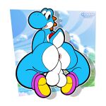 absurd_res anthro anus backsack balls big_balls big_butt blue_body blue_scales butt clothing cyan_yoshi dinosaur footwear footwear_only genitals hi_res kneeling looking_back male mario_bros mostly_nude nintendo open_mouth pink_anus raised_tail reptile scales scalie shoes shoes_only solo super_mario_bros_wonder tail thick_thighs veggieafterdark white_body white_scales wide_hips yoshi yoshi_(character)